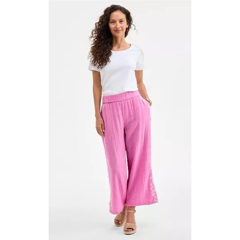 Style&Co 100% COTTON GAUZE EMBROIDERED WIDE LEG PINK ANKLE PANTS sz L POCKETS